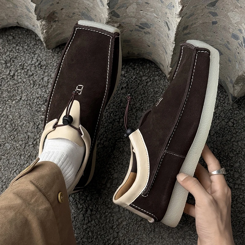 

New Men Retro Square Toe Lazy Shoes with Suede Patchwork Drawstring Niche Design Relaxed Feeling Daily Commuting Casual Shoes