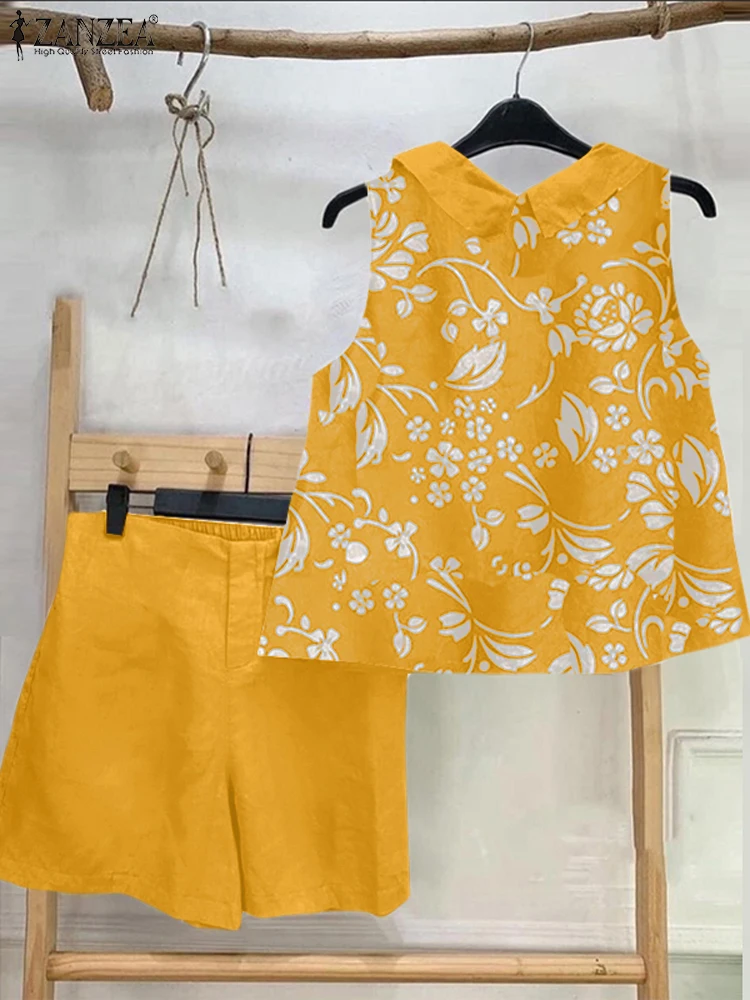 Holiday 2024 Matching Suits ZANZEA Women Summer 2pcs Short Sets Casual Loose Printed Tank and Shorts Fashion Sweety Tracksuit