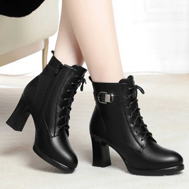 Women Mon Cotton Shoes Retro Lace Up Chunky High HeelsAnkle Boots Korean Version Black Warm Platform Short Boots Botas De Mujer