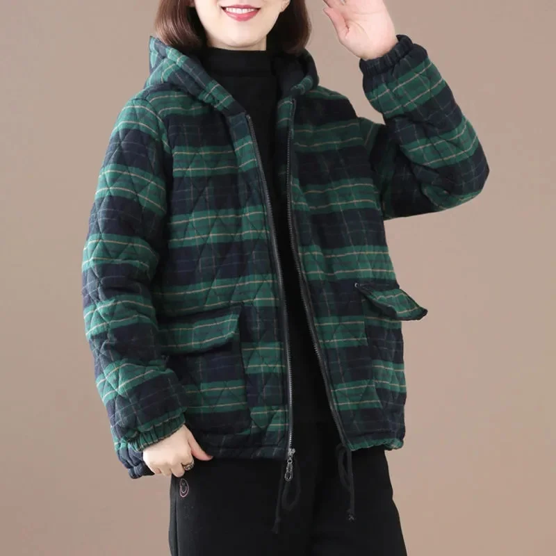 

2025 женские клетчатые лоскутные парки, верхняя одежда, зимнее женское пуховое хлопковое пальто с капюшоном, корейская женская хлопковая стеганая куртка с длинными рукавами