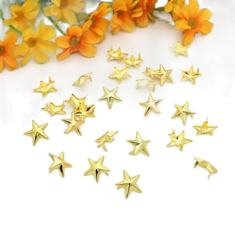 100pcs 15mm Gold Plated Star Studs Metal Claw Beads Nailhead Punk Studs Rivet Belt/Leather/Bracelets/shoes/Clothes Accessories