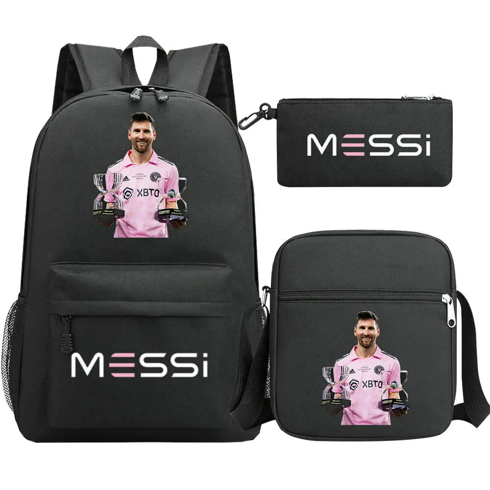 Mochila escolar Messi para meninos e meninas, Bolsa de grande capacidade para estudantes, Mochilas dos desenhos animados para adolescentes, Conjunto 3 peças