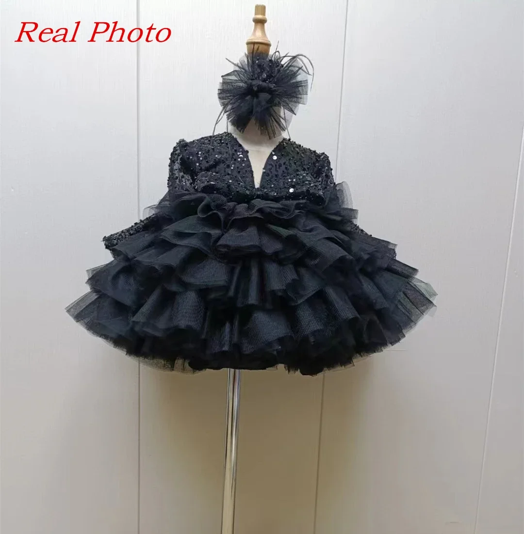 Child Girl Wedding Dress With Bow Champagne Party Dresses Sequined Tiered Tulle Sleeves Puffy Flower Girl Dresses For Weddings