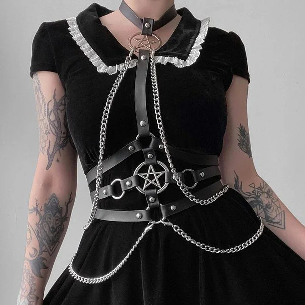 

UYEE Pentagram Waist Chain PU Leather Chest Harness Women Belt Body Bondage Lingerie Chain Suspender Bra Cage Gothic Accessories