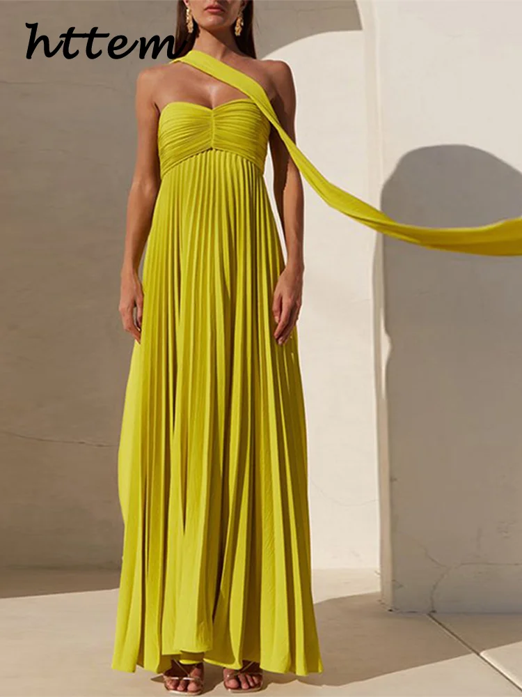 Elegant Strapless Ribbon Long Dress Women Sexy Sleeveless Backless Pleated Party Dresses 2024 Summer Lady Sexy Evening Robes New image 5