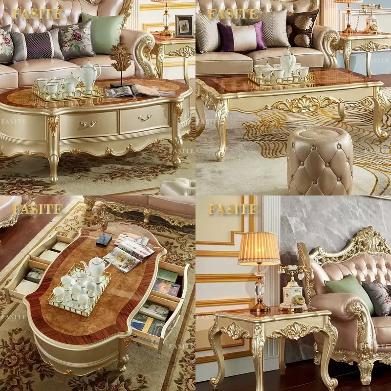 For European Style Living Room Antique Gold Wood Coffee Table With Exquisite Carving Decorative Center Table Elegant Home