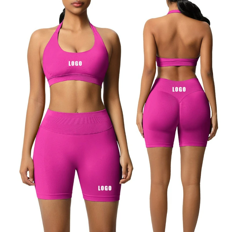

Custom LOGO women's 28-color seamless back neck sports bra shorts yoga clothes running fitness XS-2XL two-piece set