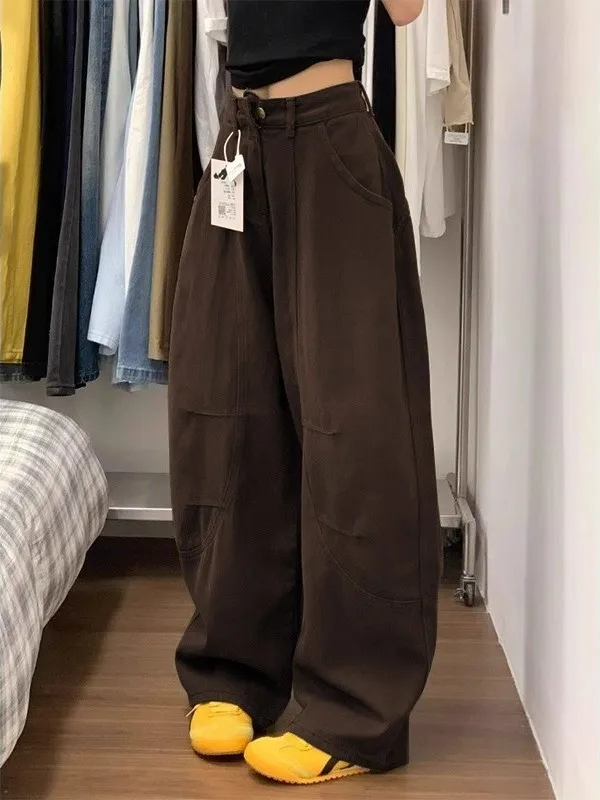 

Retro Coffee Color Wide Leg Jeans Women's High Waist Loose Straight Cut Long Trousers Knife Design Slimming Effect