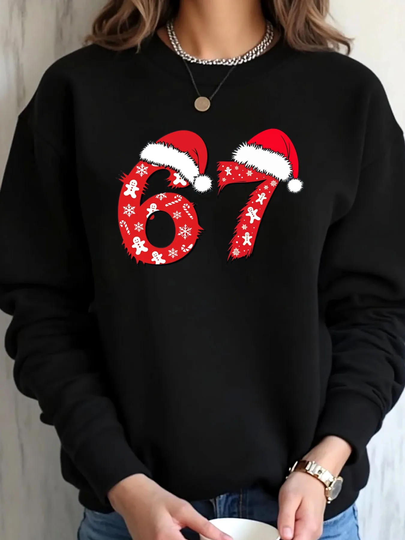 Women Plus Size Sweatshirt Christmas 67 Santa Hat Print Outdoor Wear