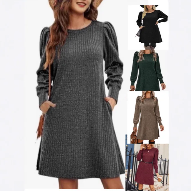 

2025 Fashion Women's Knitted Puff Sleeve Long Sleeve Autumn Winter Round Neck Casual Loose Dress with Pockets
