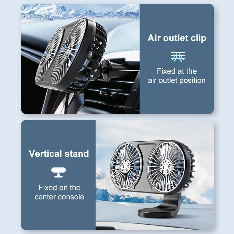EAFC Car Cooling Fan Double-Head Low Noise 5V USB Electric Car Cooler 360° Rotating Car Air Outlet Dashboard Fan Electrical