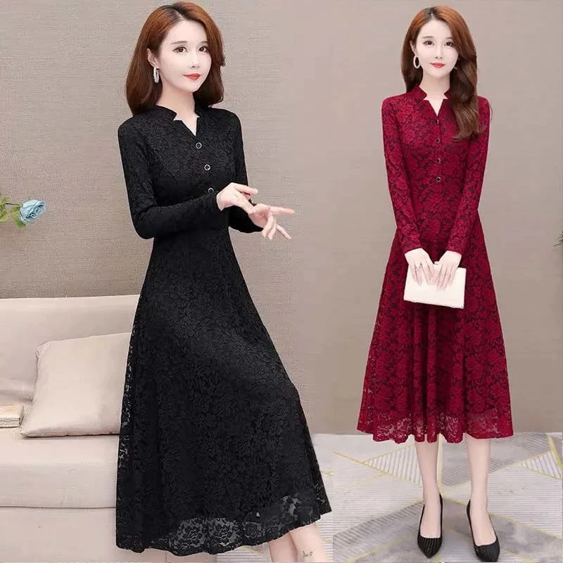 5XL Women\'s Lace Dress Autumn Winter New Long Sleeve Add Velvet Dress Female Elegant Knitted A-line Long Veatidos