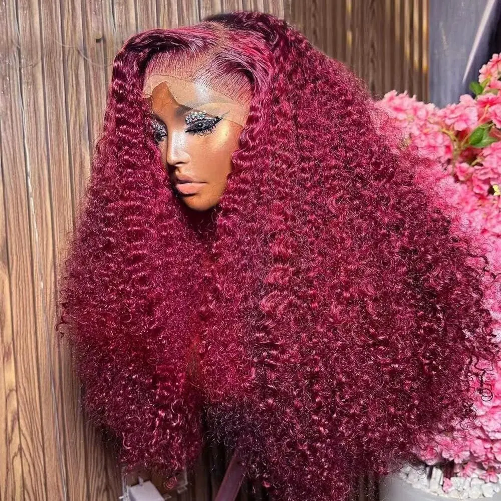 

99j burgundy 13x4 Lace Front Human Hair 200% Density Deep Wave 13x4 30 34 Inch Red Colored Lace Front Wig Brazilian For Women