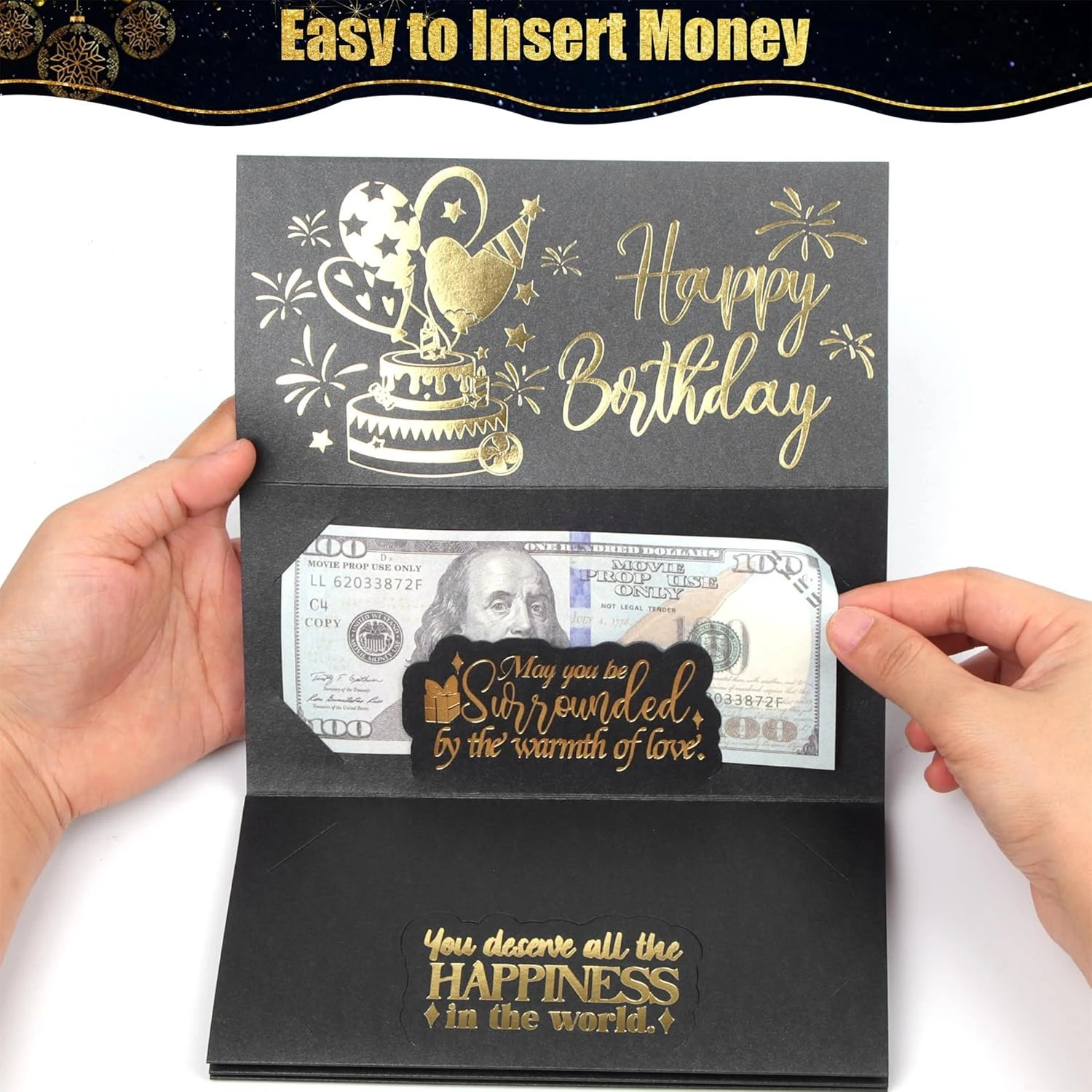 1pc Multi-layer Birthday Money Holder Card With Envelope Black Gold Foil Birthday Cash Gift Card For Friend Family Birthday Gift