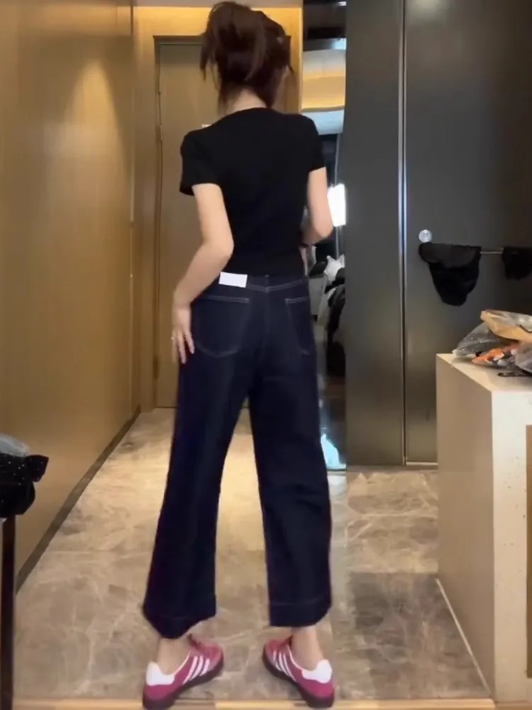 

Deep Blue High Waist Straight Leg Jeans Women plus Size Pear ape Slimming Loose Nine Point Wide Leg Pants Autumn Season