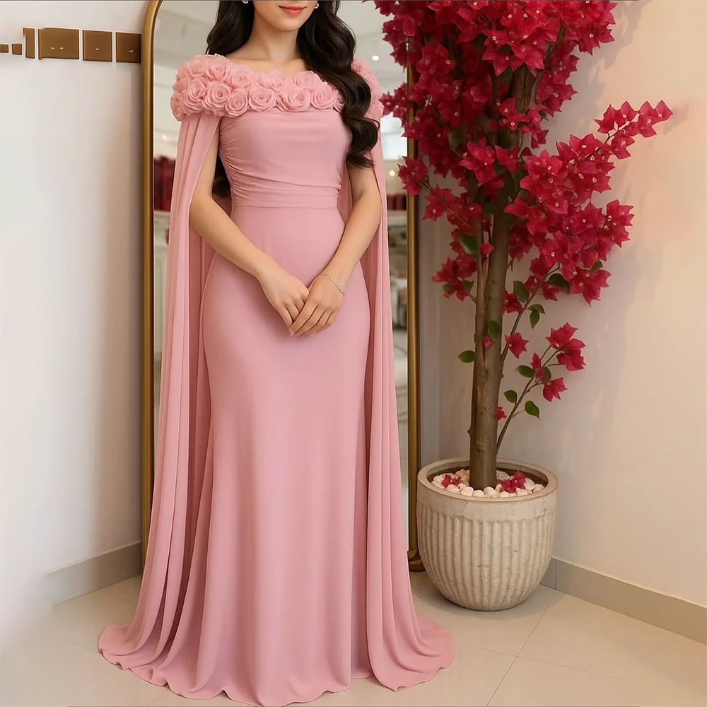 

Blush Pink Evening Dress Customized Off The Shoulder Flowers Elegant Chiffon Evening Gowns Mermaid Long Formal Party Dresses