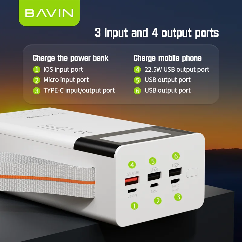 BAVIN سعر المصنع بالجملة المحمولة 22.5 واط شحن سريع سعة كبيرة 50000 Mah قوة البنك مع مصباح LED قوي