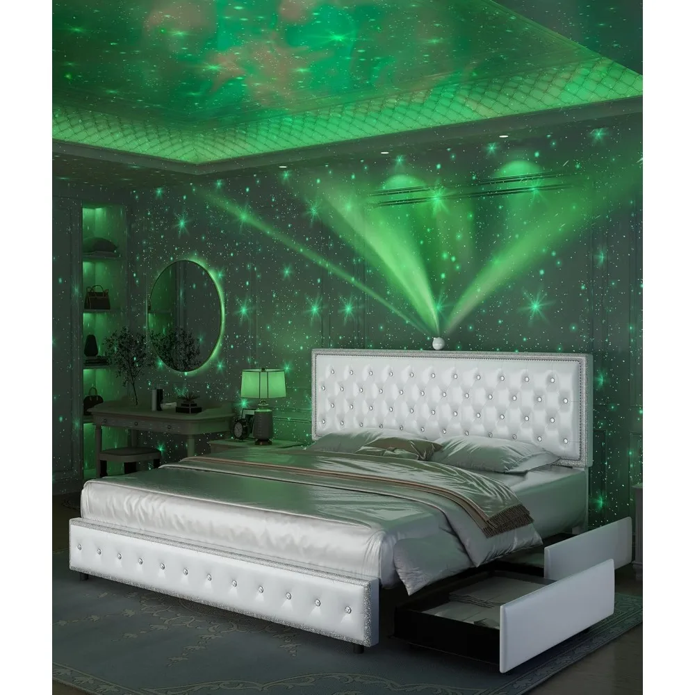 led bed frame with 4 drawers，Galaxy Projector Adjustable Upholstered Headboard Diamond Bed frame with Charger Music Speaker