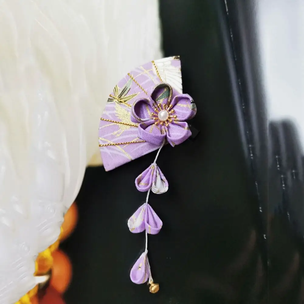 Lonceng Sederhana Kimono Sakura Jepit Rambut Bunga Sakura Rumbai Kipas Rambut Klip Kain Gadis Aksesori Rambut Foto Pro