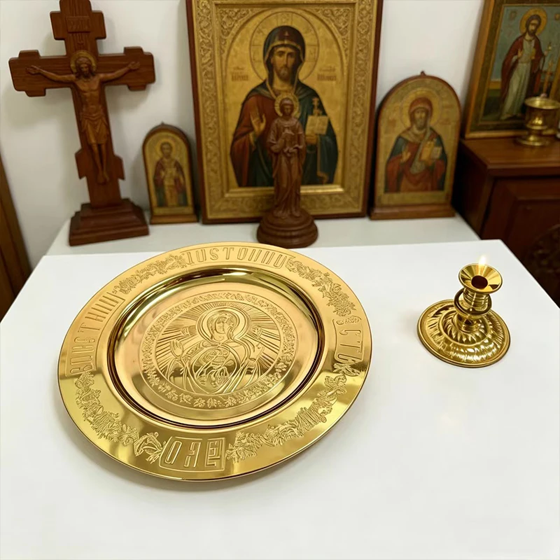 Neues Orthodoxes Christliches Messing-Kommunion-Set mit Kerzenhalter, Vergoldet, Gravierte Marienikone, Religiöses Ritualtablett für Kirchenandacht – Detail 3