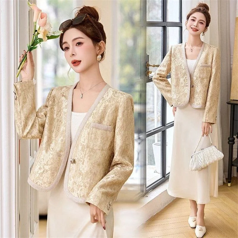 New Chinese Style Jacquard Jacket For Women 2026 Spring Autumn Fashion Small Fragrance Style Jacket Top V-Neck Casual Coat