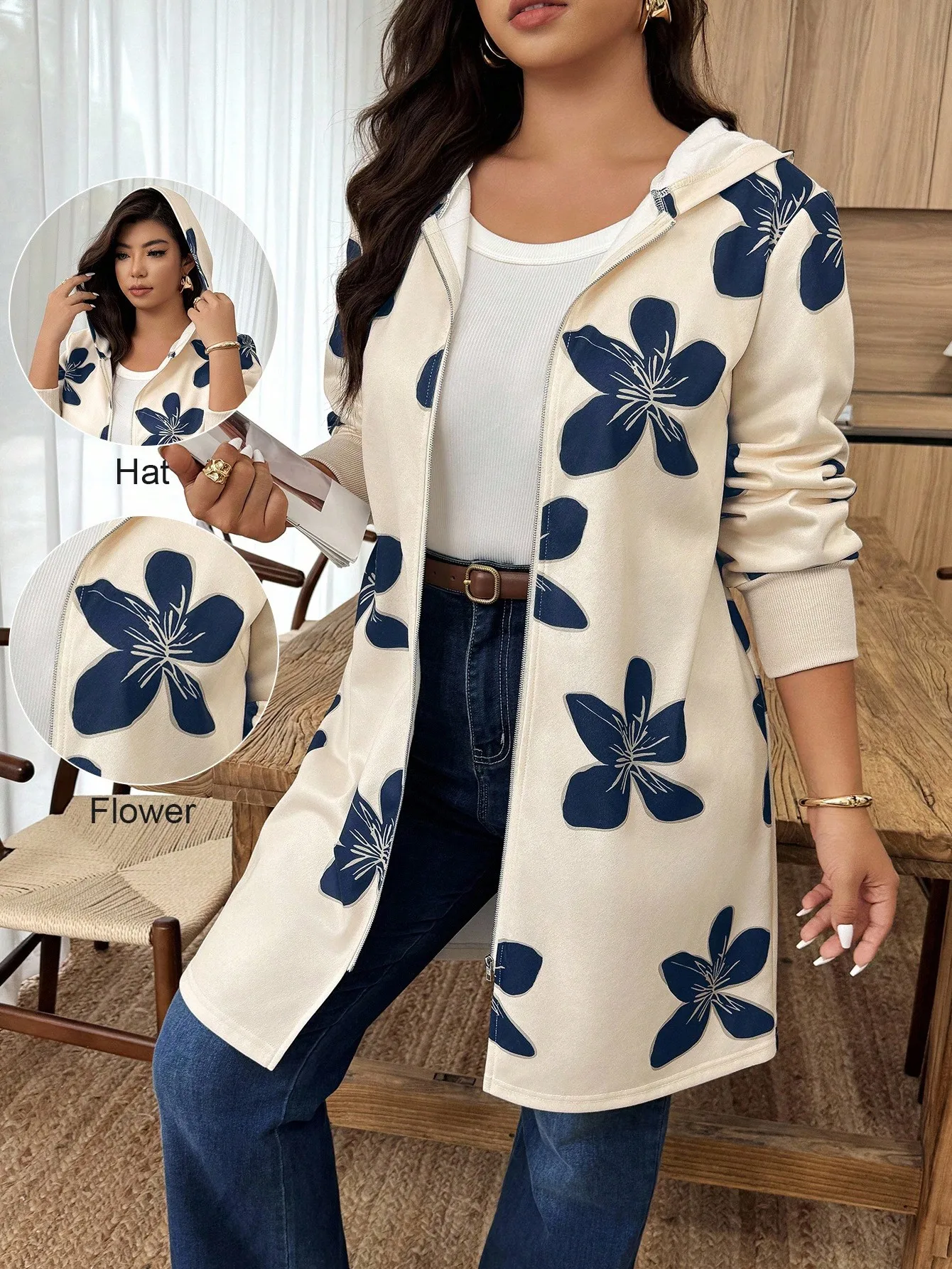 

Plus Size Women's Cream Hooded Zip-Up Jacket with Navy Floral Print, Long Sleeve Casual Outerwear