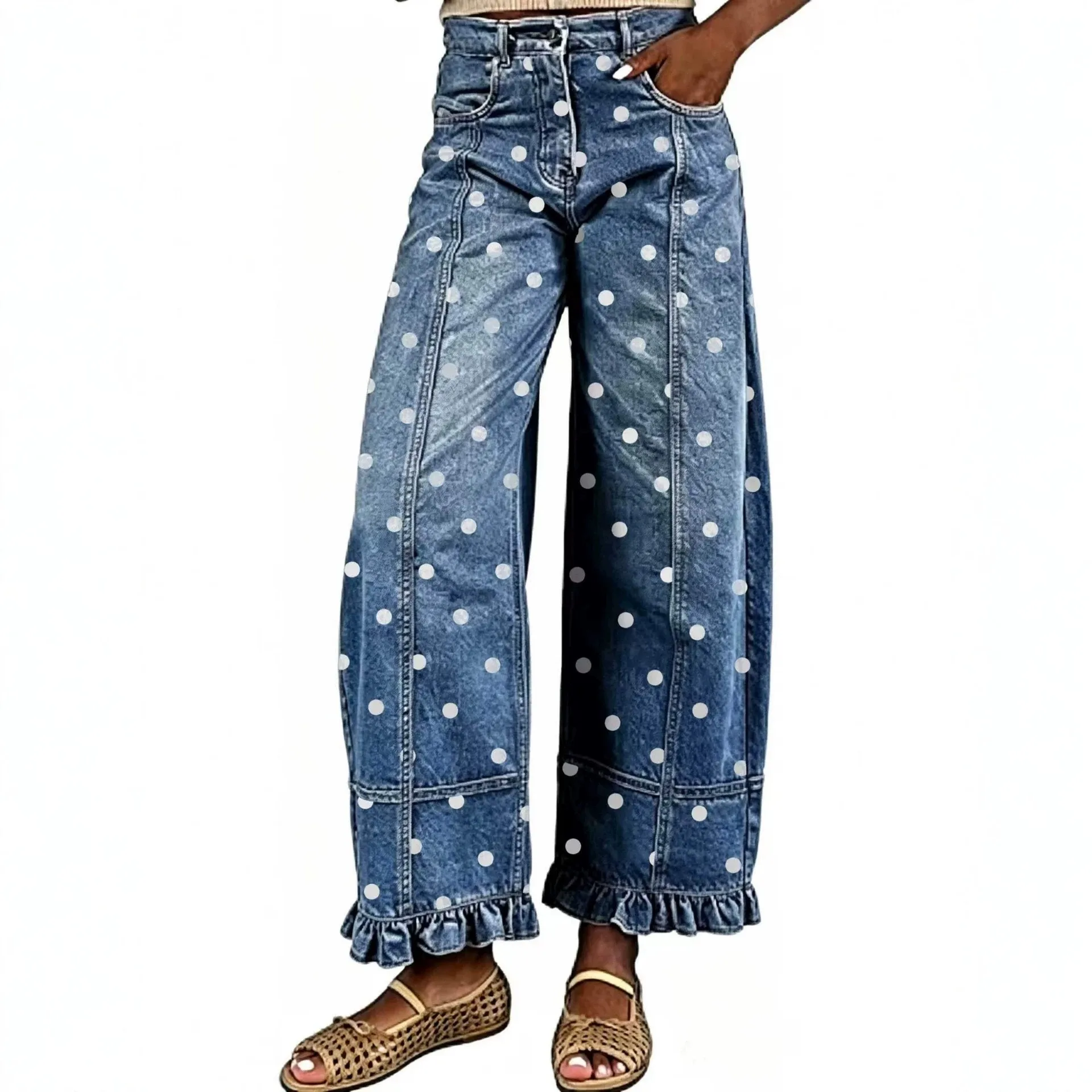 Women's Y2K Baggy High Waist Wide Leg Ruffle Long Washed Cotton Straight Leg Y2K Clothes Jeans Women Polka Dot Print Light Wash