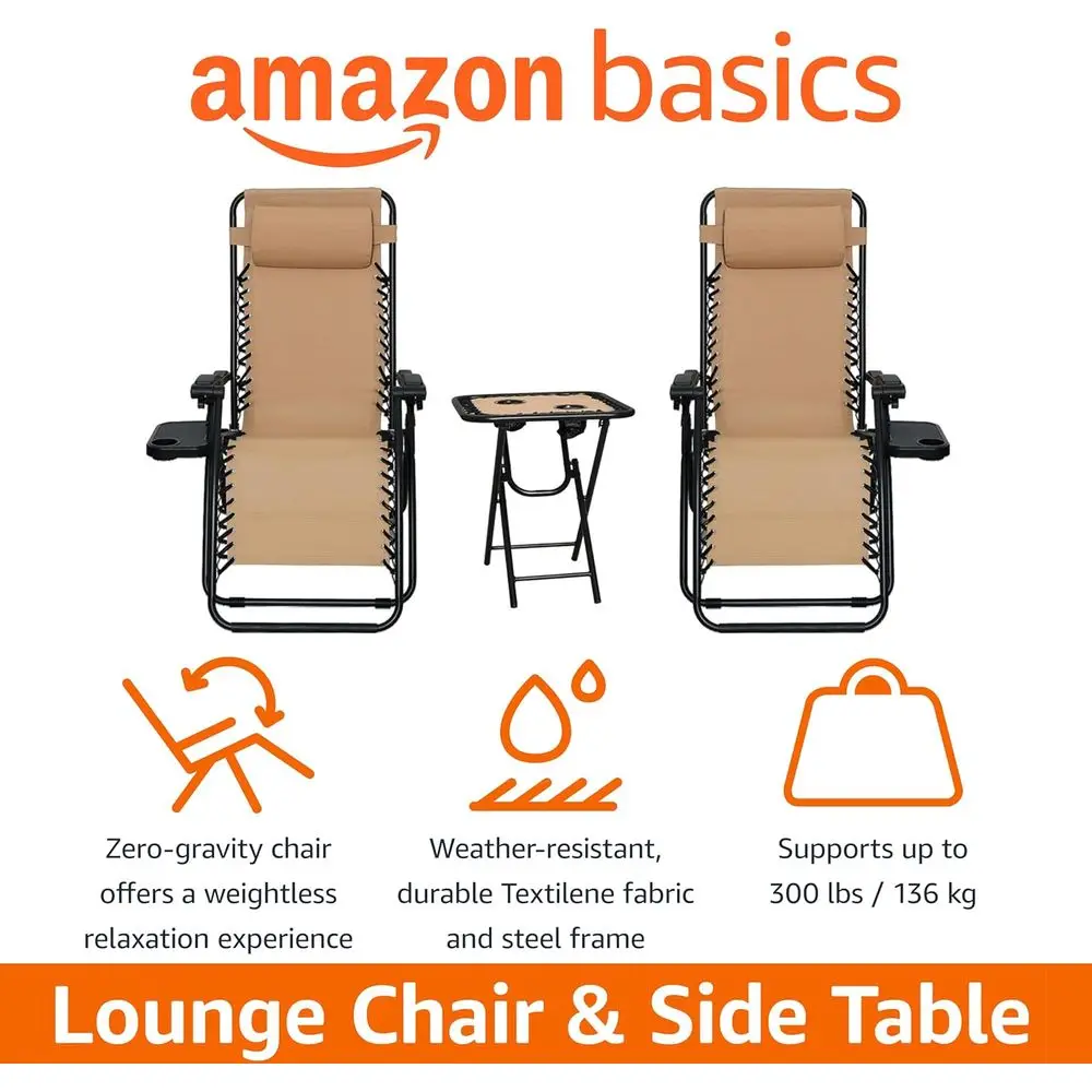 2-Piece Beige Outdoor Zero Gravity Recliner Set with Side Table, 35x26x43