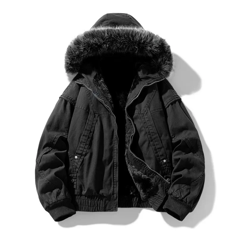 KIDWHXR Man Cargo Jacket Winter Thicken Fleece Cold-proof Men Hooded Outerwear Retro Long Sleeve Male Outdoor Casual Coat