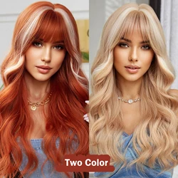 Ginger Copper Long Wavy Synthetic Wigs with Bangs Blonde Highlight Cosplay Party Wig for Women Natural Heat Resistant Fake Hair