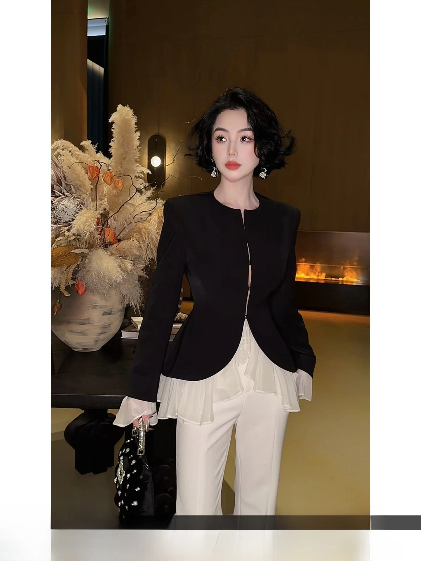 

Женский приталенный костюм Ele: пиджак с кружевными рукавами, весна 2026, новинка, премиум-класс, полиэстер, для собеседований и работы