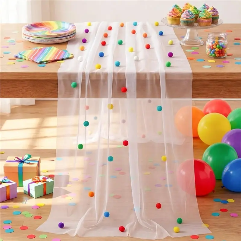 ABKP-For Birthday Tulle Table Runner 29.5 X 120 Inch 10 Ft For Party Decoration Polka Dot Cheesecloth For Wedding Baby Shower