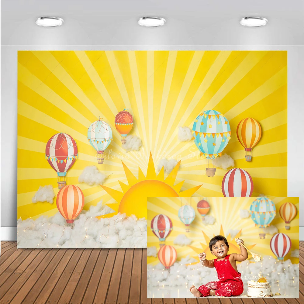 

Summer Balloon Ride Photography Background Kids Children Birthdays Cake Smash Photo Studio Props Sun and White Cloud Backdrop