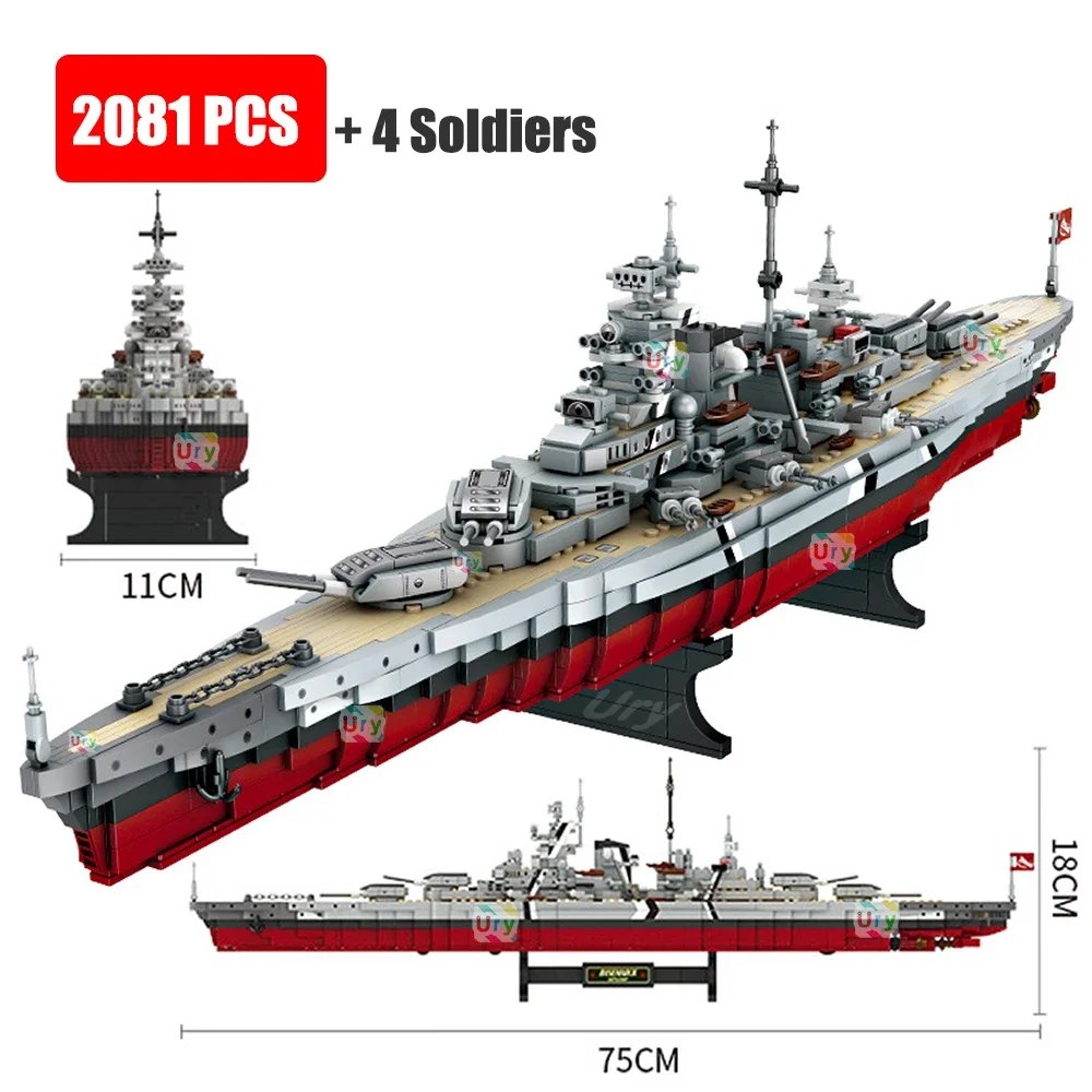 2081pcs Military WW2 Bismarck Battleship Large Boat Cruiser Model Weapon Building Blocks MOC Warship Set Toys for Children Gifts