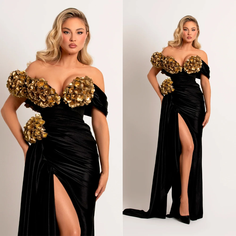 Luxury Black Satin Mermaid Dress with Gold Floral Applique and High Slit Women Gala Evening Gown Customized B262616