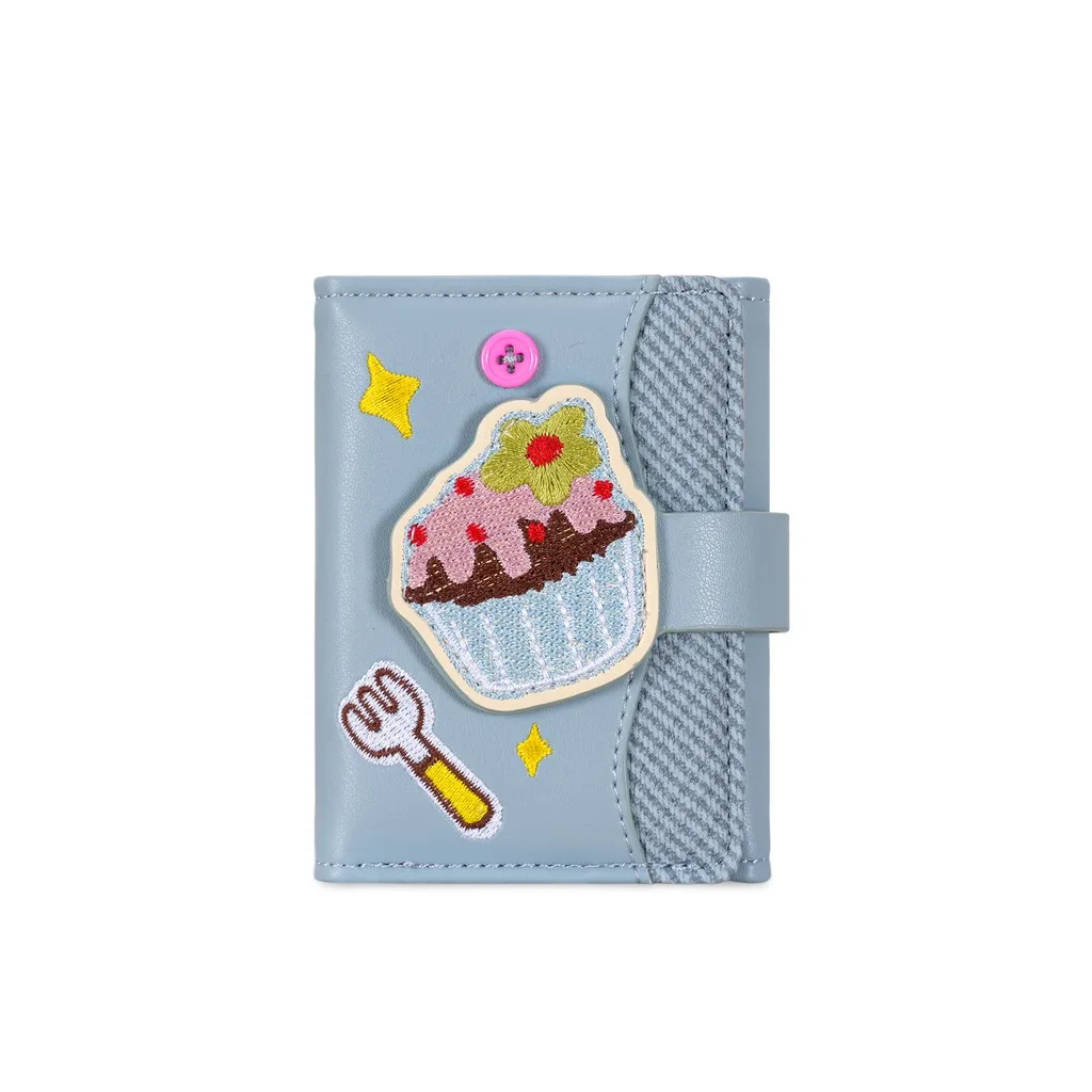 Sweet Cupcake Embroidered Trifold Wallet Women's Compact PU Leather Card Holder Short Purse with Photo Window for Girls