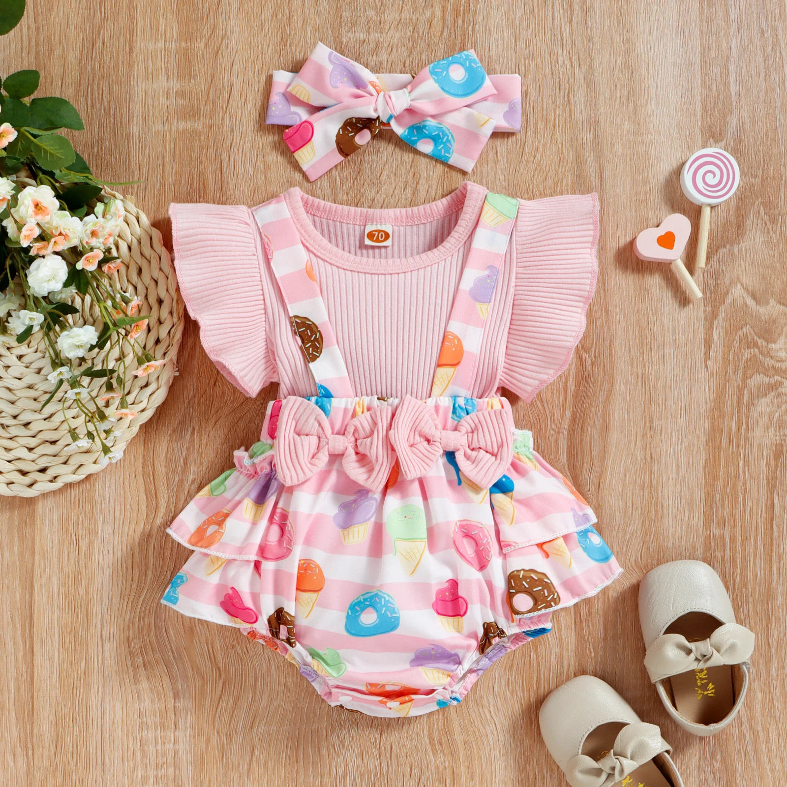 Baby Girls Outfits Fake Two Piece Suspender Bowknot Patchwork Donut/Flower Printed Ruffle Triangle Romper with Headband