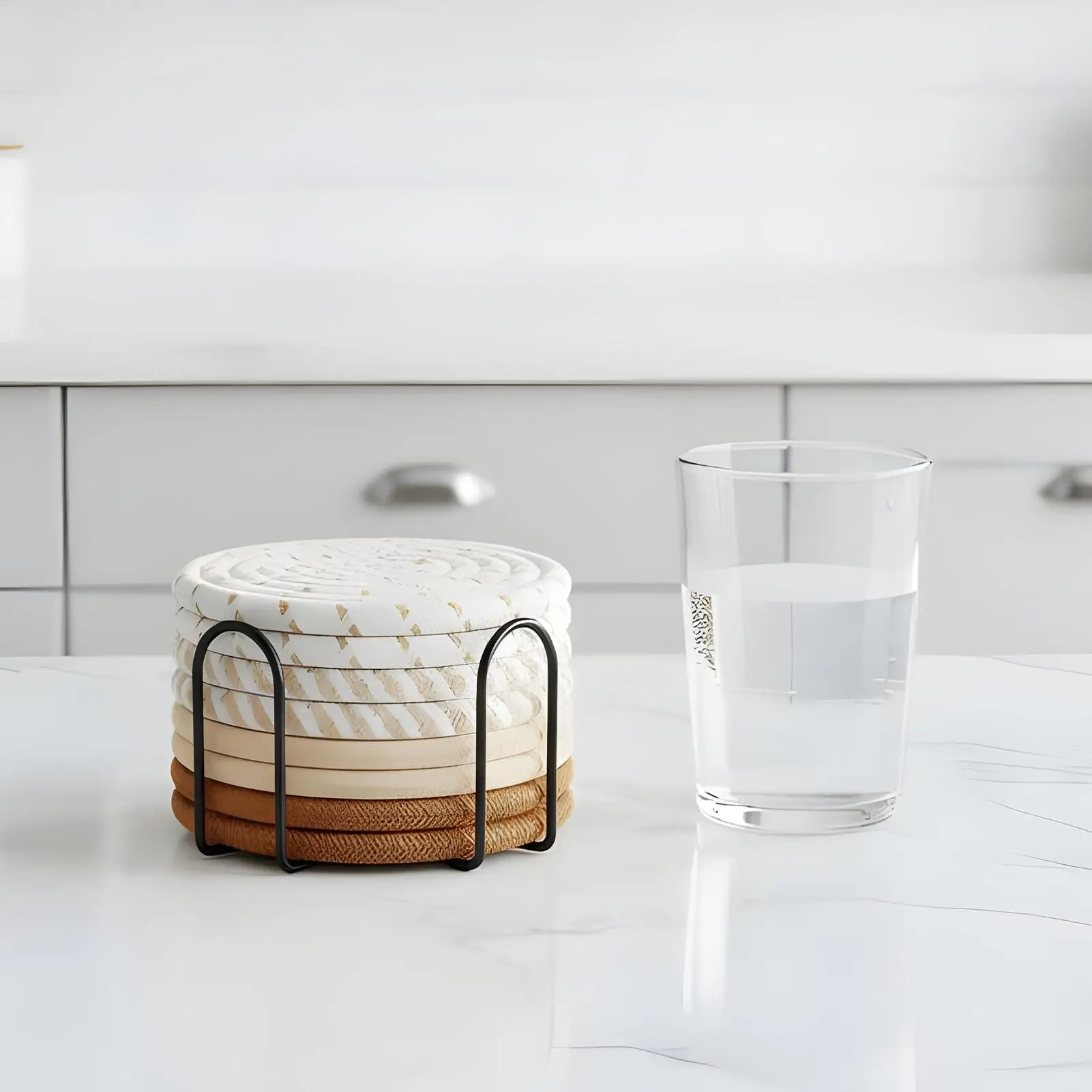 Absorbent Coasters 8 Pieces Absorbent Cup Mat With Holder 4.3 Inch Heat-Resistant Cotton Rope Desk Coaster For Table Home Coffee