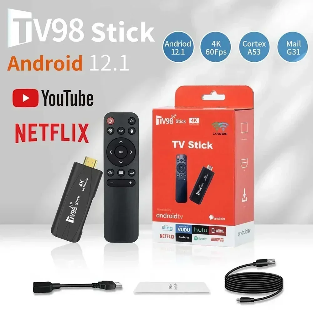 2025 TV98 RK3228A TV Stick 2.4G 5G WiFi 4K Smart TV Android 12.1 TV Box TV Stick Support Youtube NETFLIX lettore multimediale