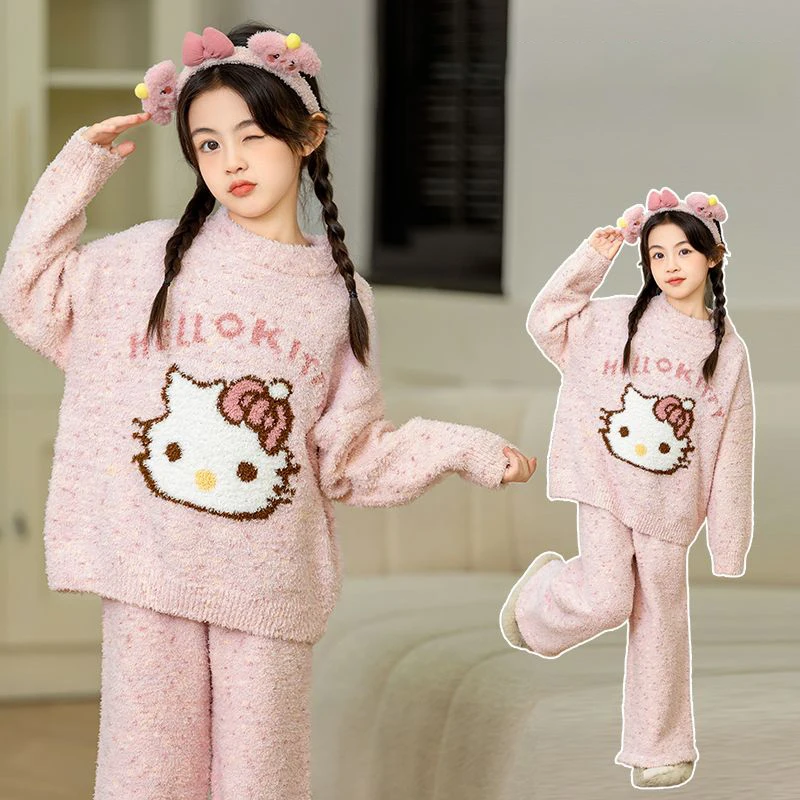 Kawaii Sanrioed Hellokittyed الأطفال الخريف والشتاء نصف المخملية بيجامة مجموعة لطيف الكرتون جديد ملابس المنزل الدافئة هدية