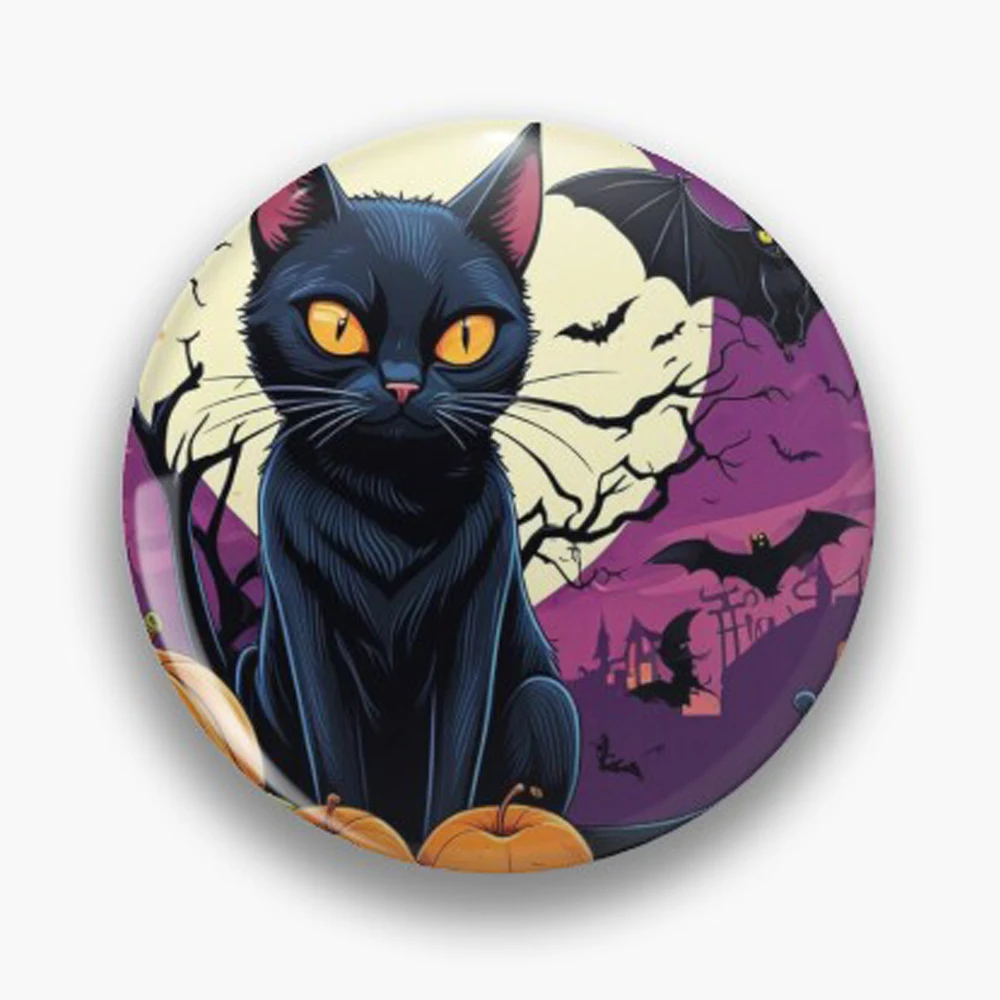 Magic Cat Tinplate Brooches Halloween Horror Kitten Button Pins Skull Bat Lapel Badges Backpack Jewelry Custom Gifts for Friends