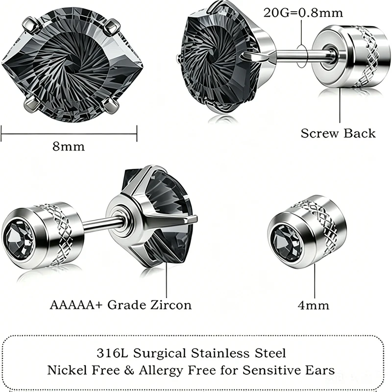 Screw Back Evil Eye Stud Earrings for Women Men Sensitive Ears 20G 5A CZ Hypoallergenic Titanium Piercing Sleeper Studs Jewelry
