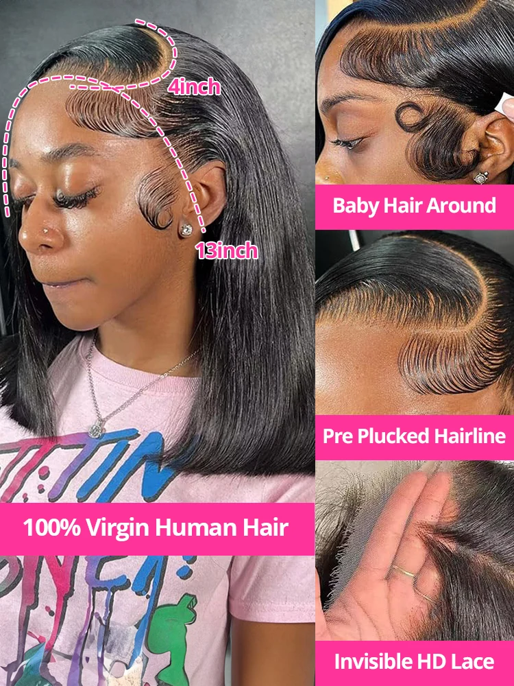 200% Straight Lace Front Wig Human Hair 13x4 13x6 HD Transparent Lace Frontal Wigs Short Bob Hair Wigs For Women 100% Human Hair image 4