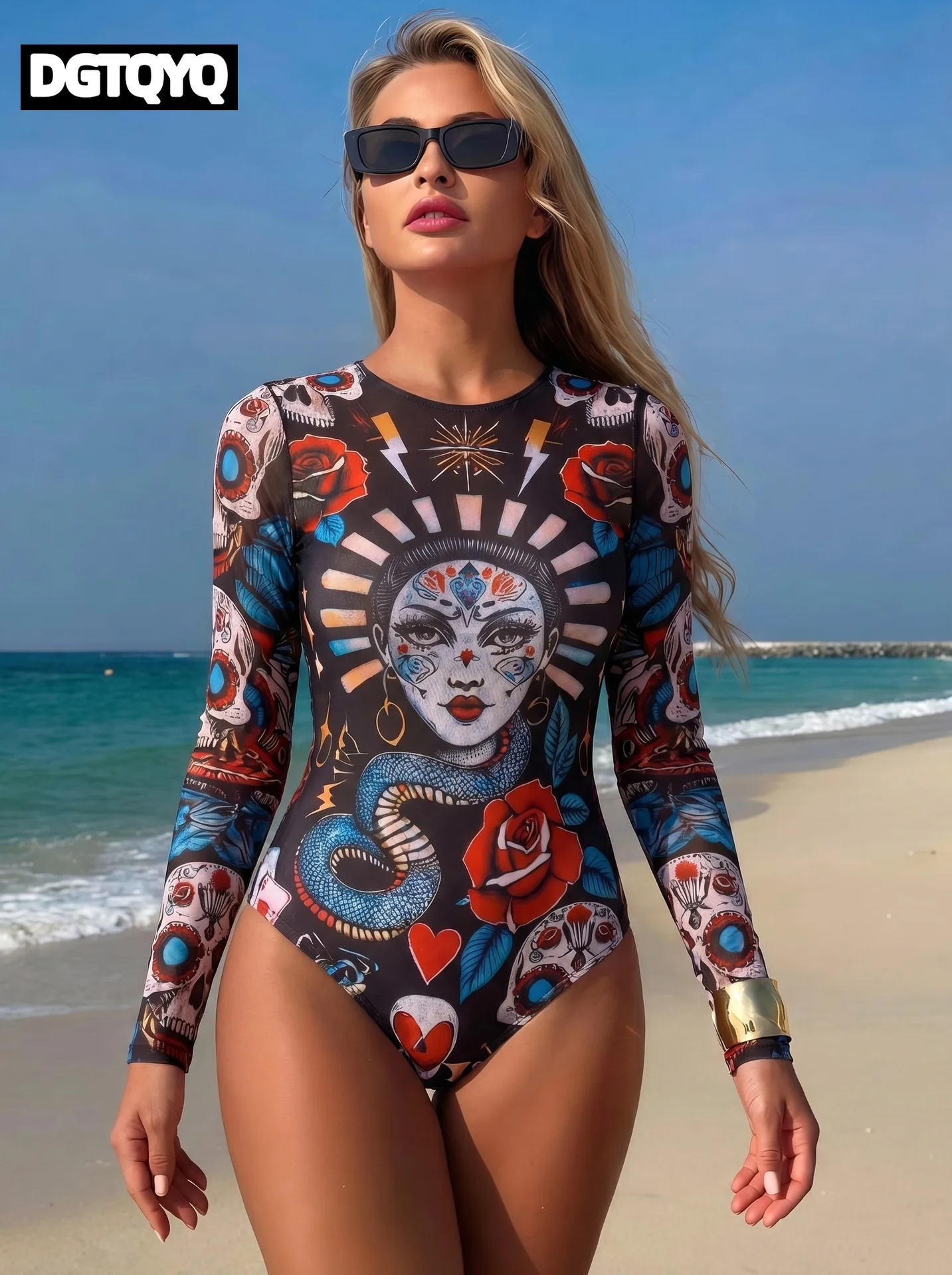 One-piece Swimsuit Women Long Sleeve Ethnic Skeleton Print Swimming Suits Beach Sun Protection Quick Drying Clothes Swimwear