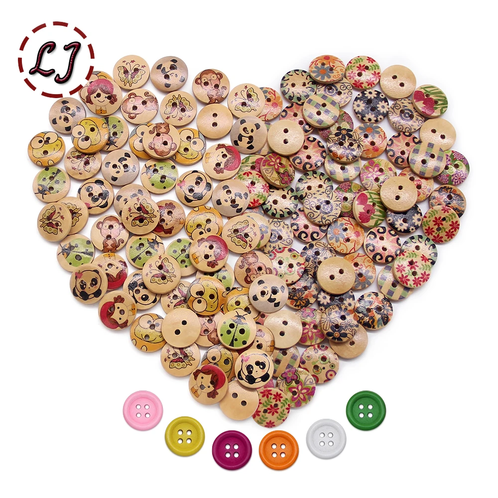 Wholesale 200pcs 15mm mixed cartoon wood button for kids sewing buttons clothes accessories wood crafts decoration DIY