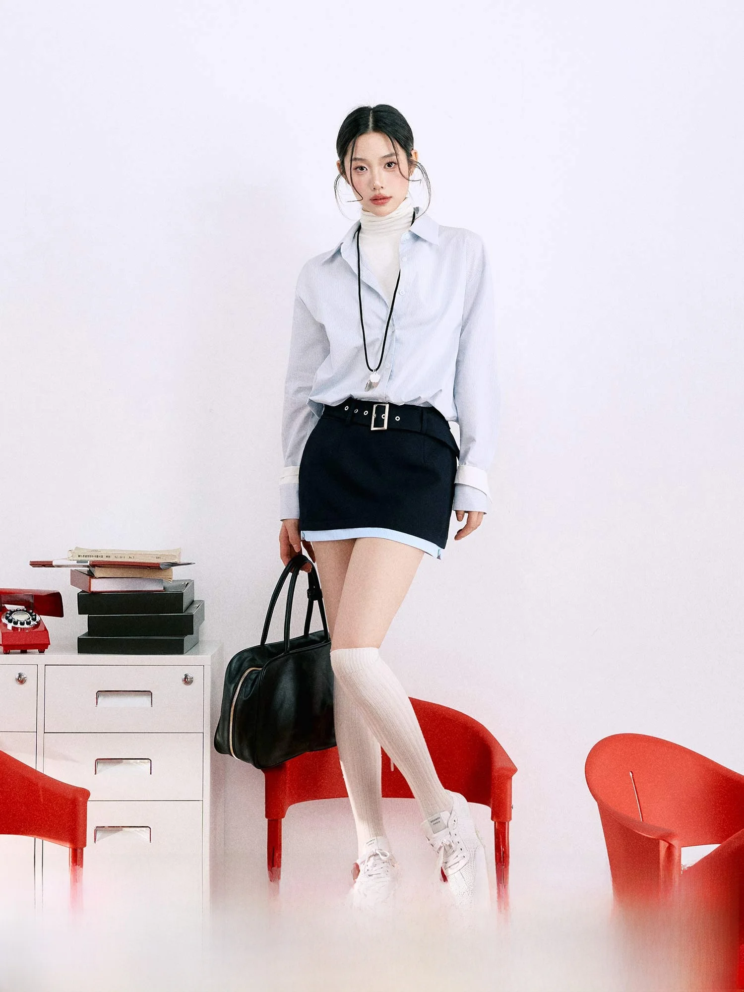 

La Lune Du Ciel, женский свободный длинный полосатый топ све irt, простой универсальный базовый слой, воротник из смеси хлопка и полиэстера