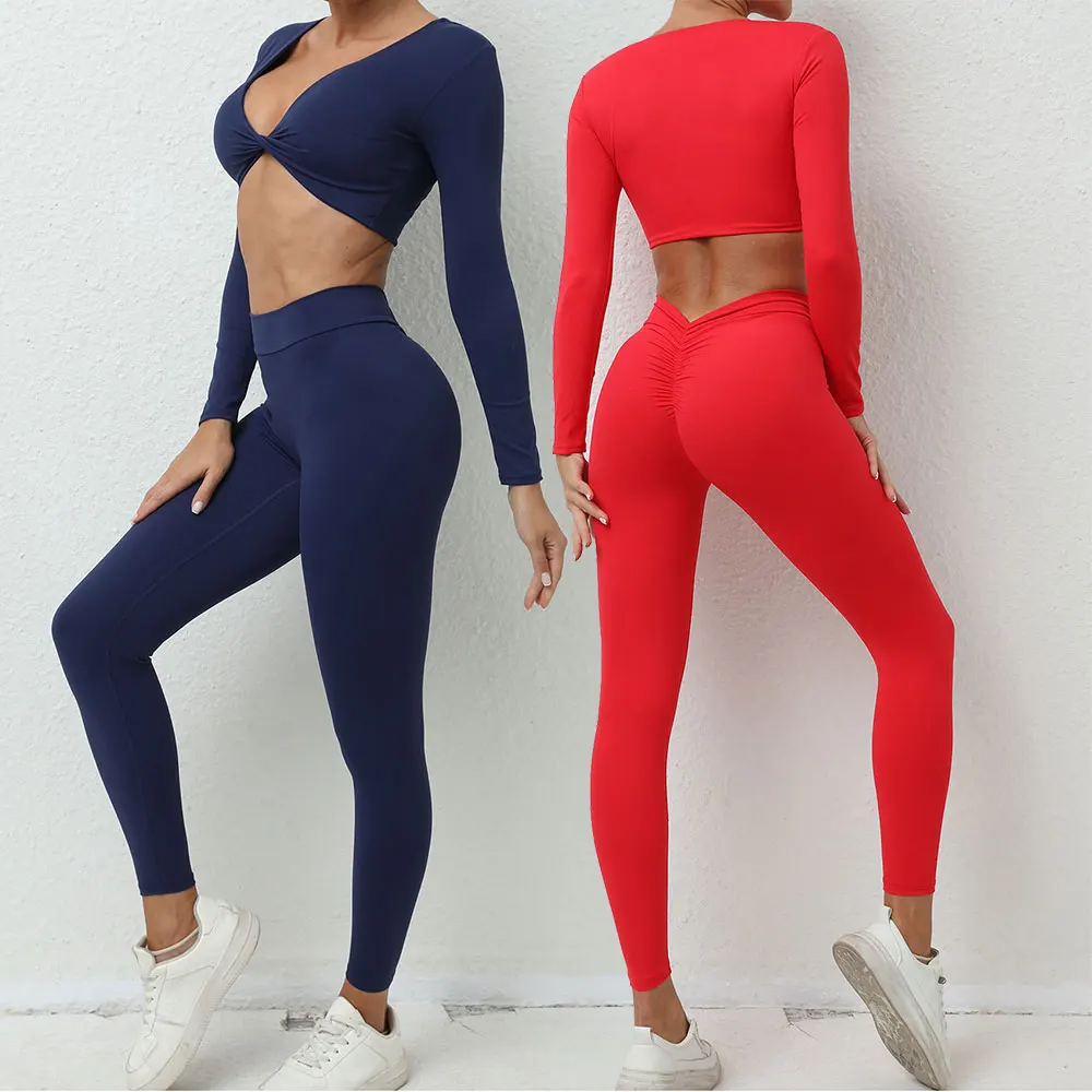 

JUREN Yoga Set 2PCS Women Tracksuit Workout Set Sportswear Gym Clothes Fitness Long Sleeve High Waist Leggings Set Sports Suit