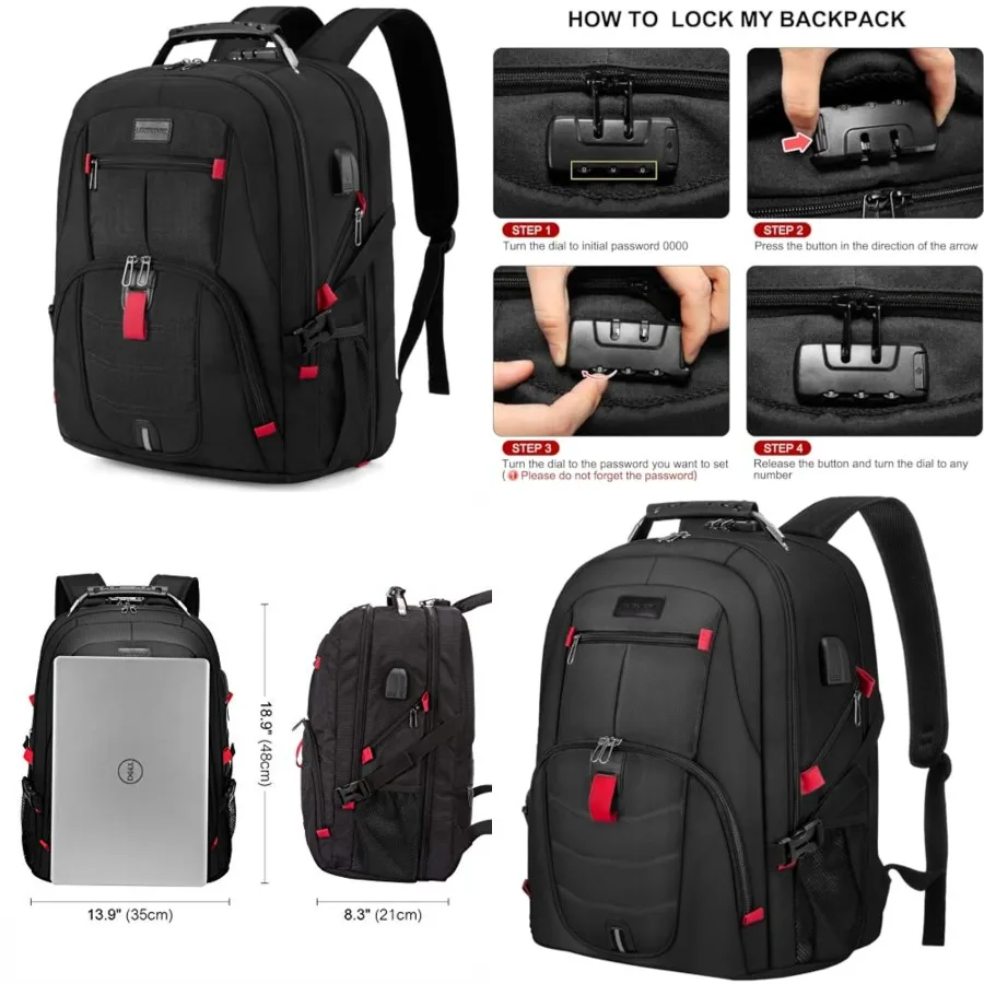 Laptop Backpack for Men Women, Waterproof Anti-Theft Travel Backpack with USB Charging Port and Lock