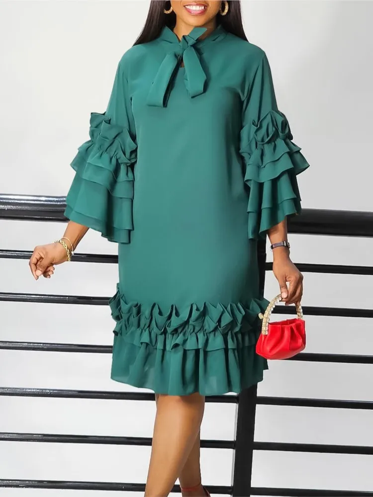 

Elegant Office Ladies Dress Bow Collar Flare Sleeve Ruffles Knee Length Dresses Casual Fashion Business Wear Vestidos Para Mujer
