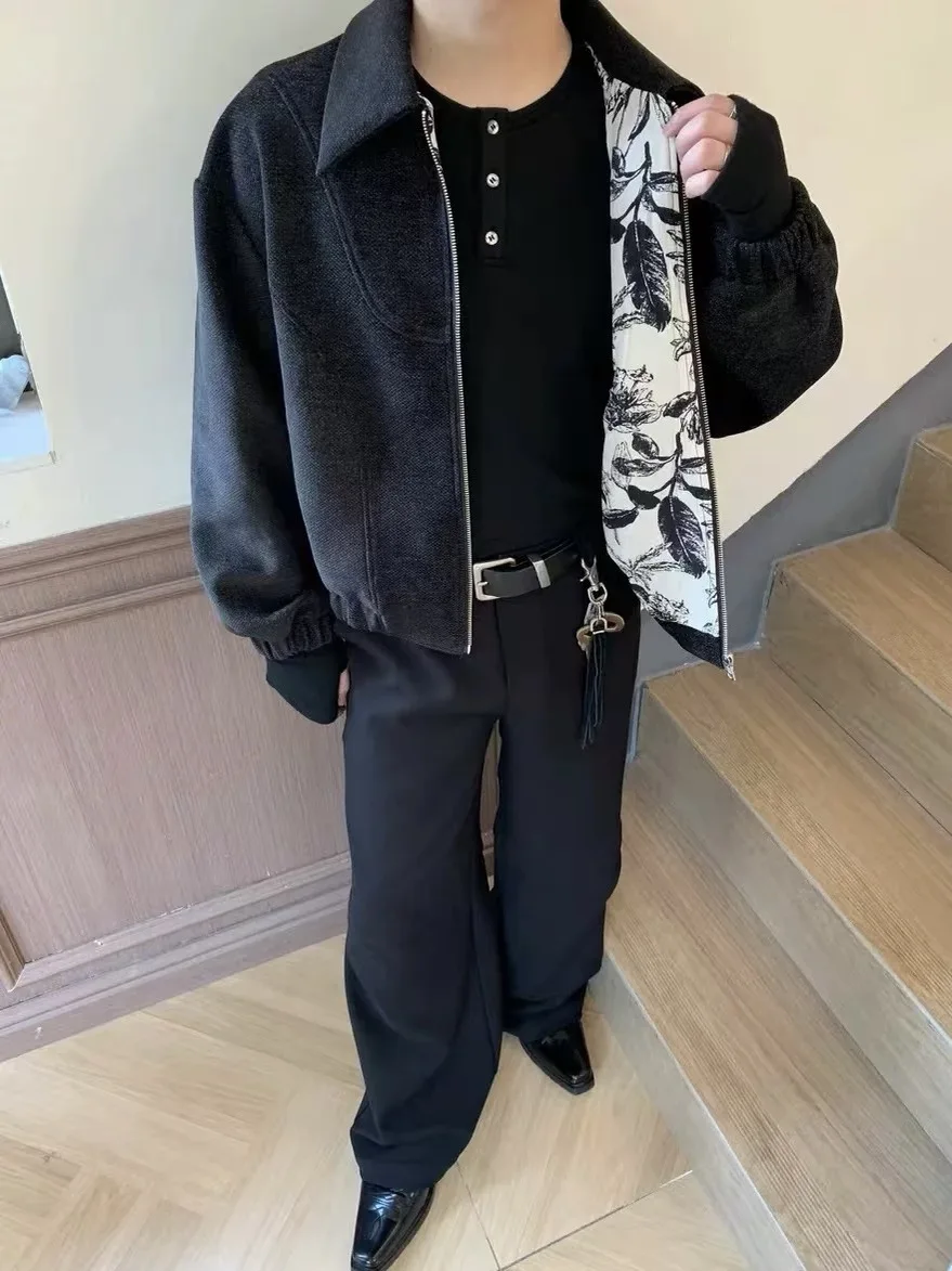 

Retro American Tweed Texture Men's Jaet Autumn Winter Zipper ort Wide Design Sensation Outerwear Water-Media Flower Pattern